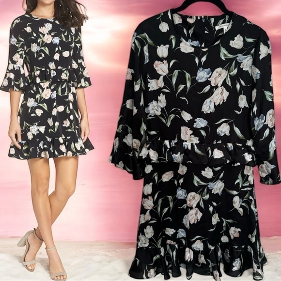 NEW Avec Les Filles Black and Floral Print Ruffle Mini Dress Women's Size 2 - Picture 1 of 11